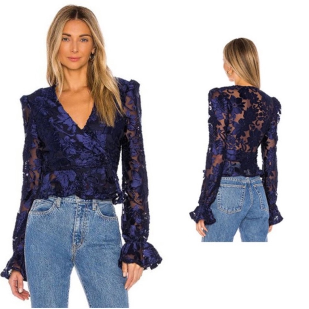 House of Harlow 1960 x REVOLVE Womens Solana Blouse S Sheer Velvet Floral Navy